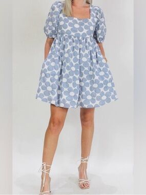 Altar’d State Blue/White Floral Babydoll Dress Puff Sleeve Pockets Cotton S